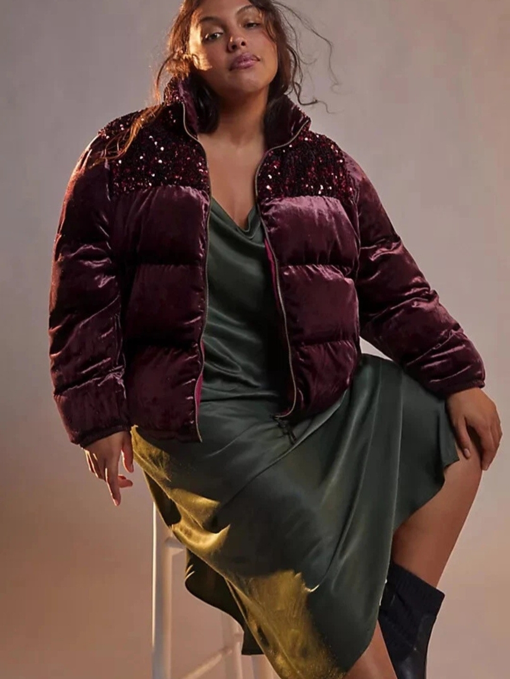 New Anthropologie Vera Velvet Sequin Puffer Jacket M